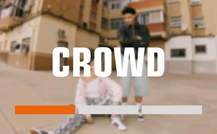 Graphic that says "Crowd" with two people sitting in the background