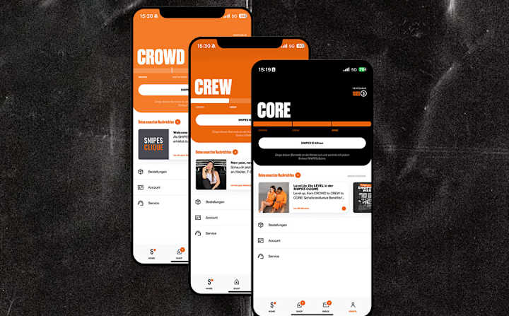 Three cell phones with view of the three levels in the account in the SNIPES app.