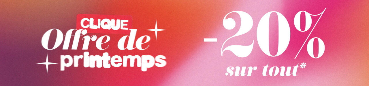 A promotional banner for the "Clique Spring Deal" featuring a pink and orange gradient background. Large, stylized white text reads "Spring Deal" next to a bold "-20% off everything" offer. The design includes decorative white sparkles and a small red "Clique" logo in the top left corner.