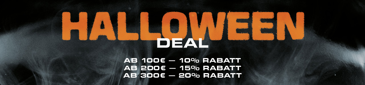 Graphic with a 'Halloween Deal' promotion offering tiered discounts: 10% off for purchases over 100€, 15% off for purchases over 200€, and 20% off for purchases over 300€.