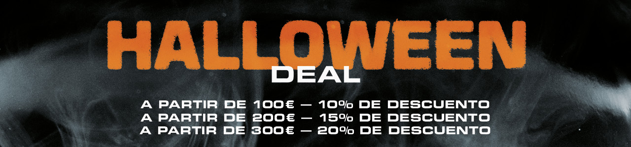 Graphic with a 'Halloween Deal' promotion offering tiered discounts: 10% off for purchases over 100€, 15% off for purchases over 200€, and 20% off for purchases over 300€.