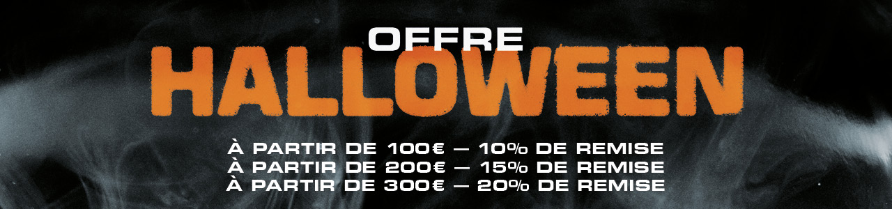 Graphic with a 'Halloween Deal' promotion offering tiered discounts: 10% off for purchases over 100€, 15% off for purchases over 200€, and 20% off for purchases over 300€.