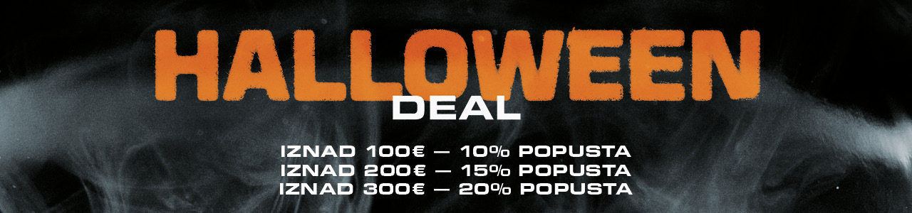 Graphic with a 'Halloween Deal' promotion offering tiered discounts: 10% off for purchases over 100€, 15% off for purchases over 200€, and 20% off for purchases over 300€.