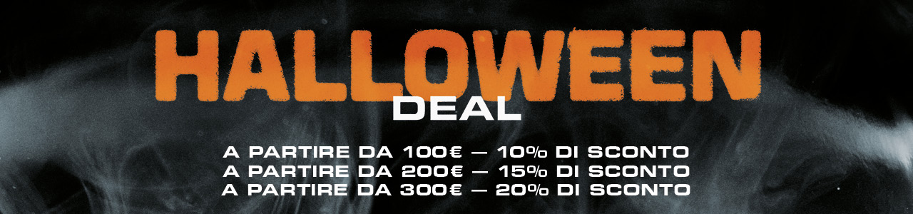Graphic with a 'Halloween Deal' promotion offering tiered discounts: 10% off for purchases over 100€, 15% off for purchases over 200€, and 20% off for purchases over 300€.