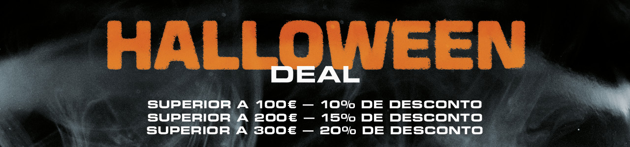 Graphic with a 'Halloween Deal' promotion offering tiered discounts: 10% off for purchases over 100€, 15% off for purchases over 200€, and 20% off for purchases over 300€.