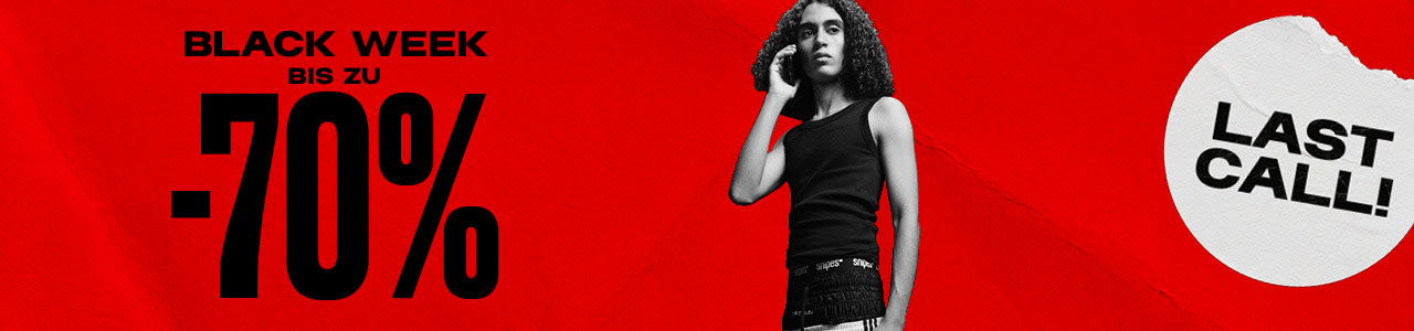 black & white image of model wearing streetwear clothing standing in front of red back ground with text: Black week up to -70%, last call