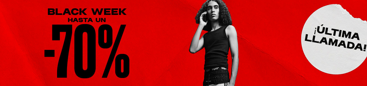 black & white image of model wearing streetwear clothing standing in front of red back ground with text: Black week up to -70%, last call