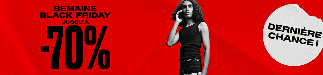 black & white image of model wearing streetwear clothing standing in front of red back ground with text: Black week up to -70%, last call