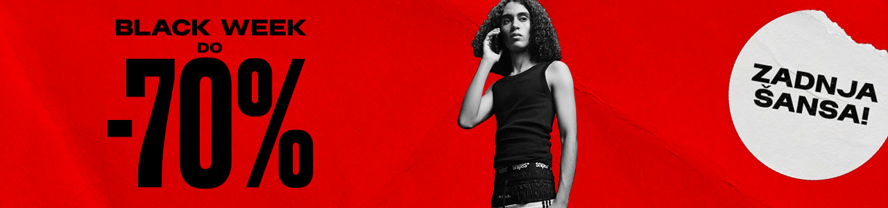 black & white image of model wearing streetwear clothing standing in front of red back ground with text: Black week up to -70%, last call