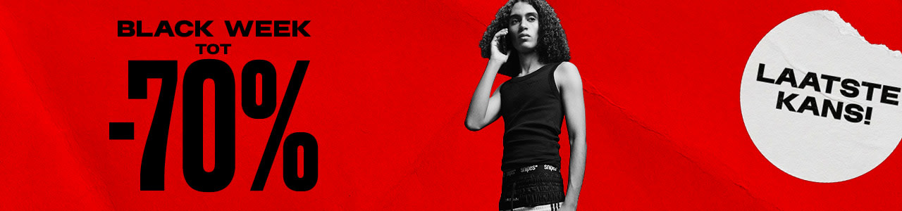 black & white image of model wearing streetwear clothing standing in front of red back ground with text: Black week up to -70%, last call
