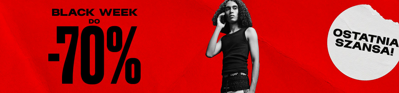 black & white image of model wearing streetwear clothing standing in front of red back ground with text: Black week up to -70%, last call