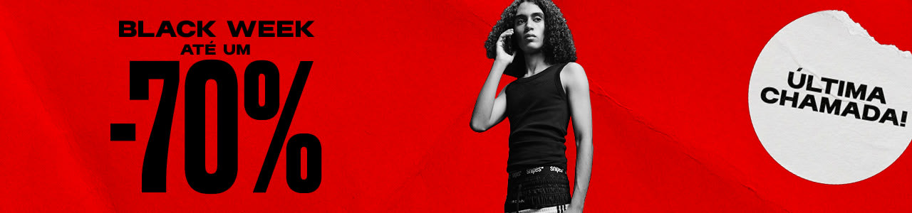 black & white image of model wearing streetwear clothing standing in front of red back ground with text: Black week up to -70%, last call