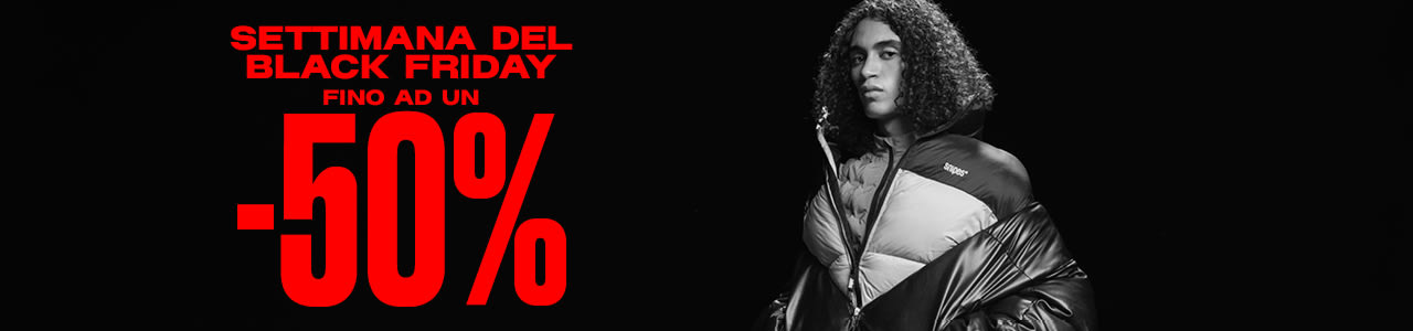 snipes black week image of model wearing winter jackets standing in front of black background. Text: Black week up to -50%