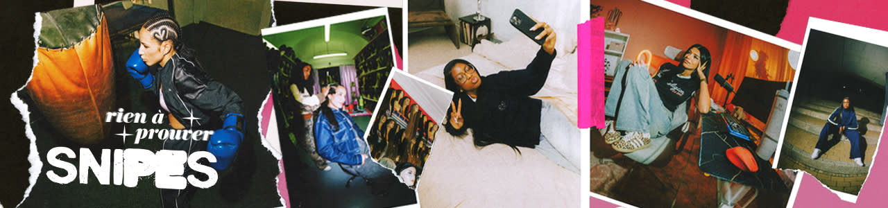 An aesthetic, collage-style promotional graphic for SNIPES featuring the slogan "nothing to prove." The collage is composed of various candid lifestyle photos with a torn-paper and Polaroid effect against a pink and white background. One photo shows a young woman taking a selfie on a bed while making a peace sign, while another shows a woman sitting in a chair wearing wide-leg jeans and leopard-print sneakers. A third image features a woman in boxing gear with blue gloves standing next to a heavy bag, and a smaller inset shows rows of mannequin heads with various wig styles. The word SNIPES is displayed in a large, bold, white distressed font, accompanied by the stylized phrase "nothing to prove" in a serif typeface with sparkle icons. The overall design captures a youthful, urban vibe focused on self-expression.