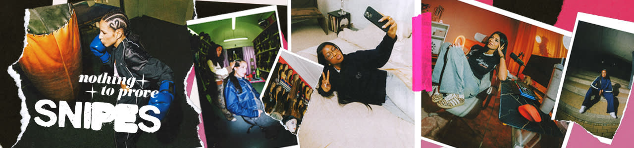 An aesthetic, collage-style promotional graphic for SNIPES featuring the slogan "nothing to prove." The collage is composed of various candid lifestyle photos with a torn-paper and Polaroid effect against a pink and white background. One photo shows a young woman taking a selfie on a bed while making a peace sign, while another shows a woman sitting in a chair wearing wide-leg jeans and leopard-print sneakers. A third image features a woman in boxing gear with blue gloves standing next to a heavy bag, and a smaller inset shows rows of mannequin heads with various wig styles. The word SNIPES is displayed in a large, bold, white distressed font, accompanied by the stylized phrase "nothing to prove" in a serif typeface with sparkle icons. The overall design captures a youthful, urban vibe focused on self-expression.