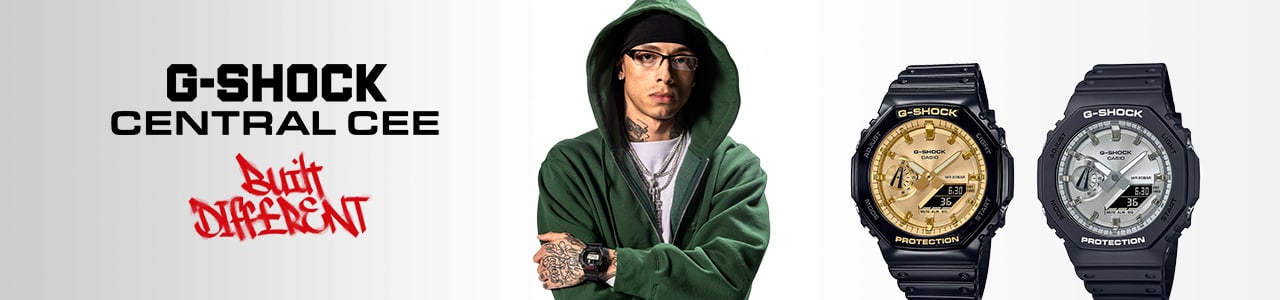 G-Shock Watches presented by Central Cee: he is wearing a green zip hoodie, a white t-shirt and green sweatpants. On the image there is a text that says "G-Shock Central Cee: Built different" written in a graffiti font. The guy is wearing a black G-Shock watch.