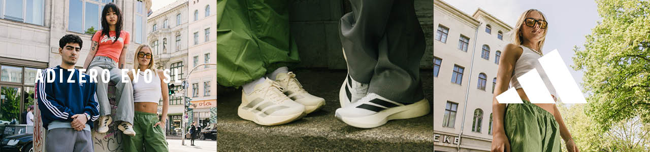 models in urban environment wearing adidas adizero Evo SL sneakers. The image shows the adidas three stripes logo at the center.