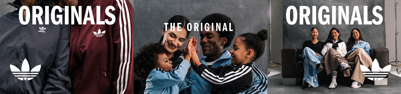 A series of promotional images for Adidas Originals featuring a diverse group of people, including families and friends, posing in a studio setting. They are wearing various Adidas apparel such as tracksuits, t-shirts, and sneakers, showcasing the classic three-stripe design and trefoil logo. The images carry the bold text "ORIGINALS" and "THE ORIGINAL" against a neutral, textured grey background, highlighting themes of connection, heritage, and individual style.