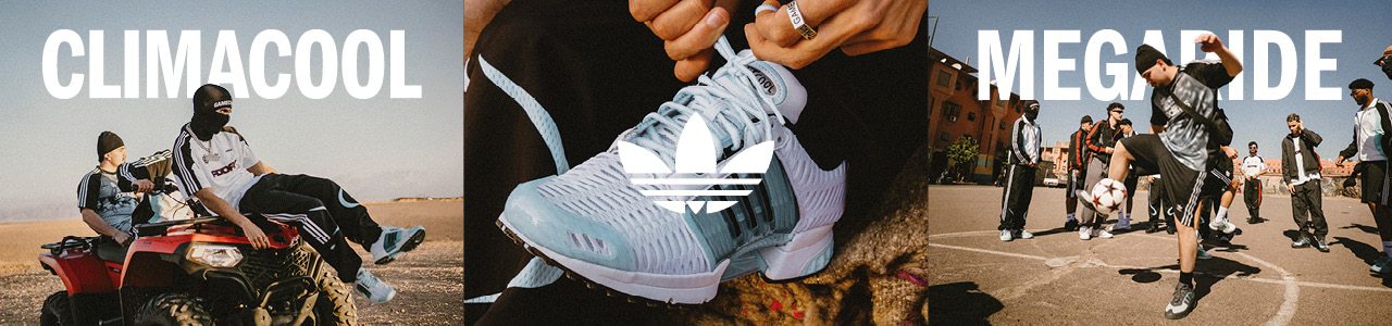 Group riding an ATV, close-up of icy blue Climacool sneakers, and street soccer action with bold "CLIMACOOL" and "MEGARIDE" text.
