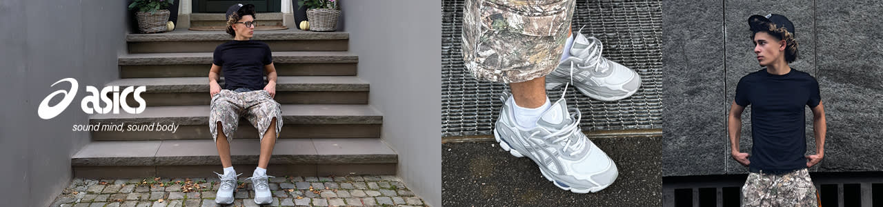 Asics brand campaign portraying people wearing white asics sneakers