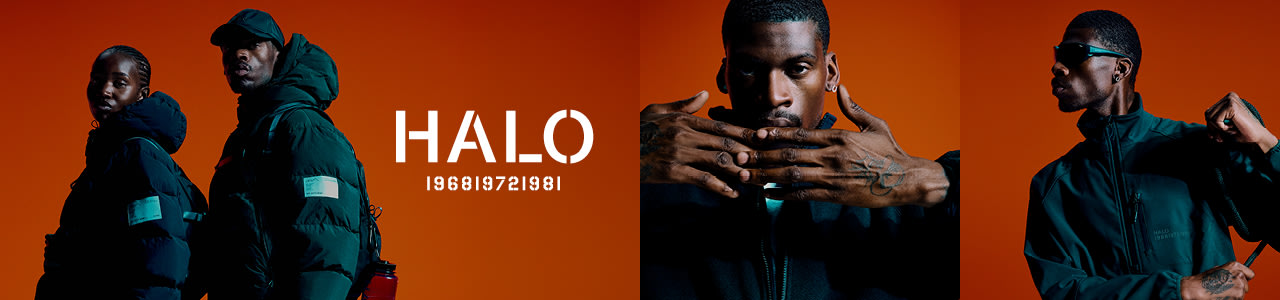 two models wearing black colored streetwear from the brand halo with red background
