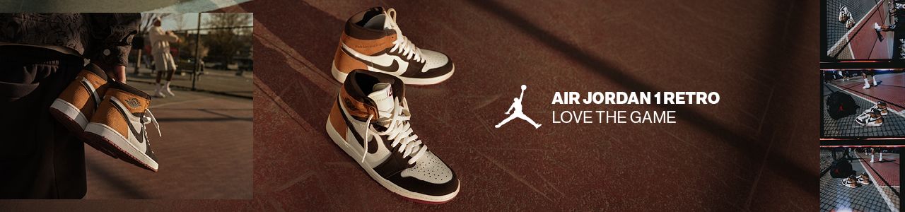 A pair of Air Jordan 1 Retro high-top sneakers in tan leather, off-white panels, and dark brown accents sitting on a outdoor court ground. On the right is the white Jumpman logo alongside the text "AIR JORDAN 1 RETRO LOVE THE GAME." On the left, a inset photo shows someone holding the shoes over their shoulder outdoors.