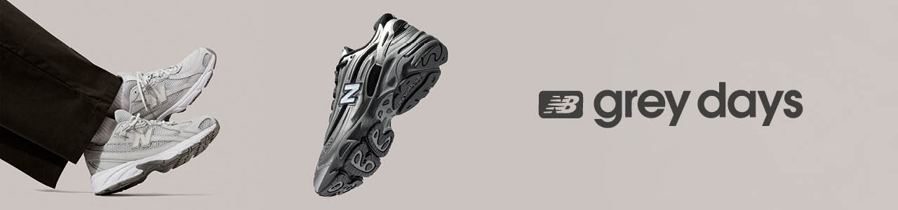 New Balance "Grey Days" banner featuring grey sneakers; one pair is worn with black pants, another is displayed mid-air. The text "NB grey days" is on the right side against a light grey background.
