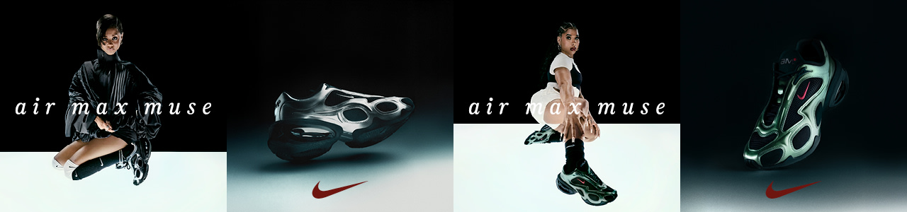 visuals from Nike Air Max Muse campaign: singer Tyla wearing a nike outfit, air max muse shoes and standing in frount of a dark blue background