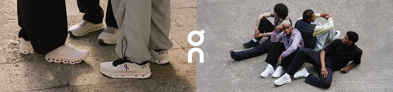 image of models wearing on running shoes while standing and sitting on concrete floors
