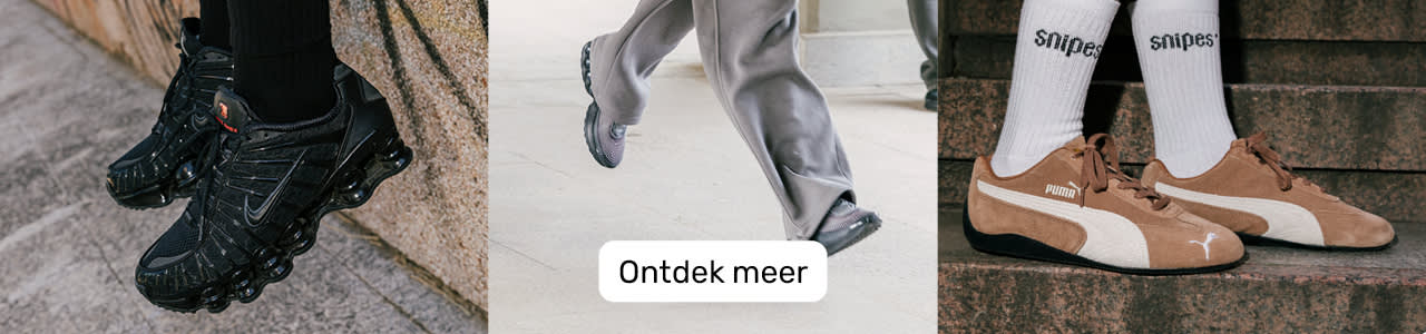 collage of images of model's feet wearing sneakers from brands Nike and puma