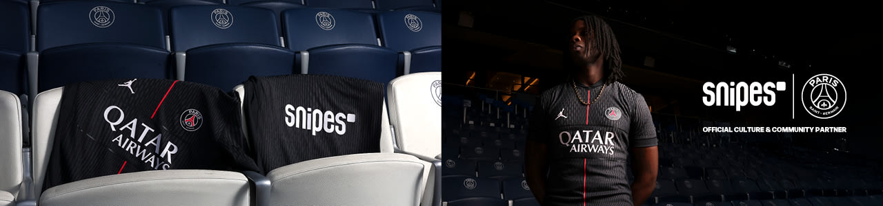 models standing the PSG football stadion while wearing the Jordan PSG 4th Jersey