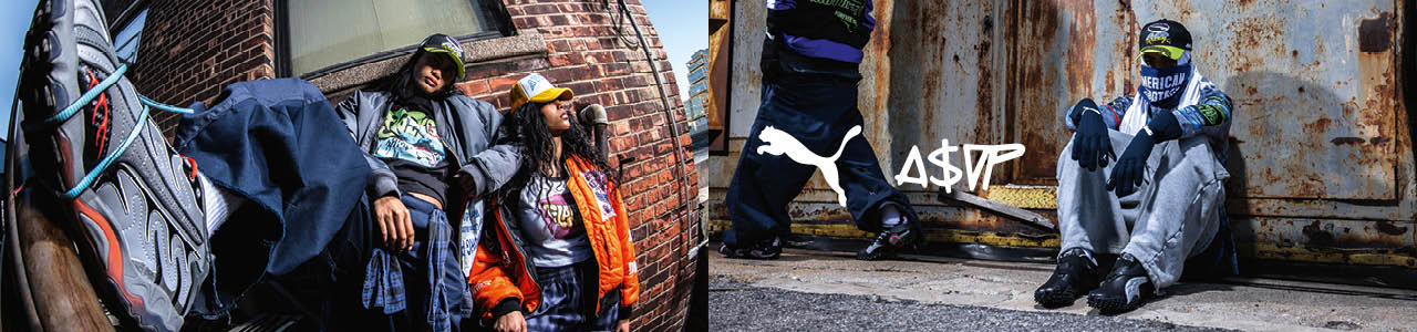 People with baggy clothes, grey sweatoants and biker jackes are wearing the new Puma Mostro Sneaker