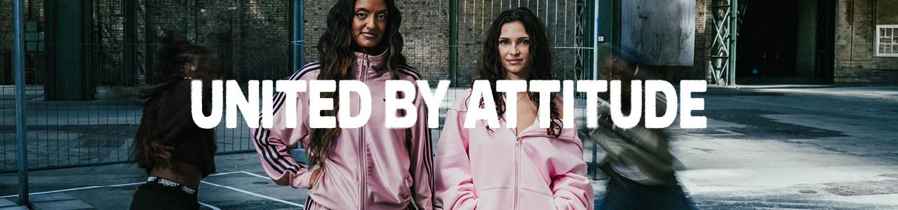 models in the background and United by Attitude claim in a white font in the middle of the image