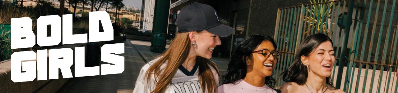 Girls wearing streewear looks with the text 'Bold Girls'