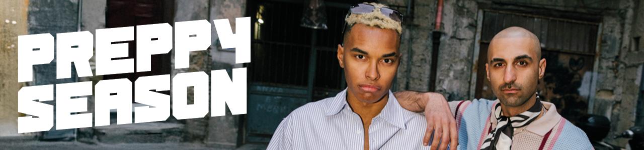 Male models in urban environment wearing preppy style streetwear - text "Preppy Season"