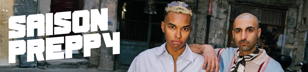 Male models in urban environment wearing preppy style streetwear - text "Preppy Season"