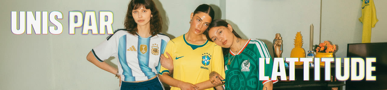 A diverse group of people posing outdoors at night wearing various international soccer jerseys, including teams like the Netherlands, Germany, Brazil, Morocco, Argentina, and Senegal. Large, bold white text on the right reads "UNIS PAR L'ATTITUDE."