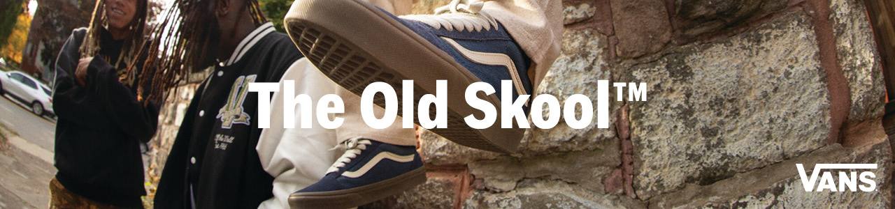 Brand Banner with written 'The old school' and sneakers behind it 