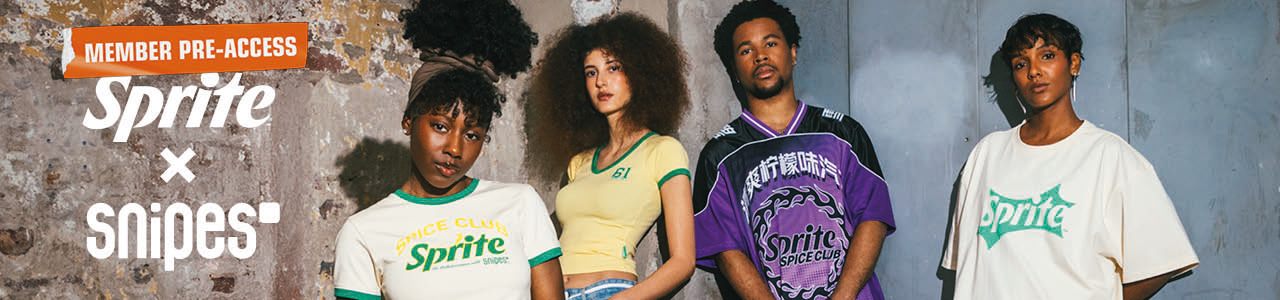 Group of models leaning against brick wall wearing sprite x snipes collection apparel