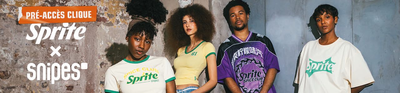 Group of models leaning against brick wall wearing sprite x snipes collection apparel