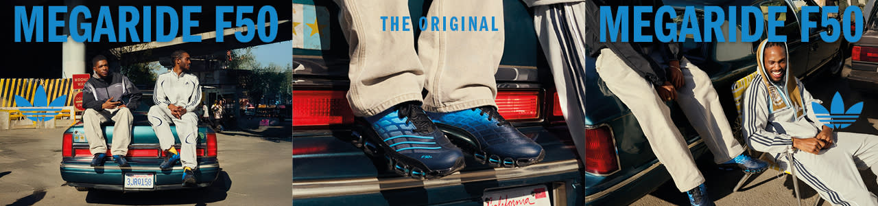 A horizontal banner advertisement for Adidas Megaride F50 sneakers, split into two side-by-side scenes. On the left, two individuals sit on the trunk of a vintage teal car parked in an urban setting; large blue text reads "MEGARIDE F50" above them. On the right, a close-up shot shows the sneakers—which feature a blue-to-black gradient, a textured upper, and a distinctive hollow-column midsole—resting on the car's bumper under the text "THE ORIGINAL."