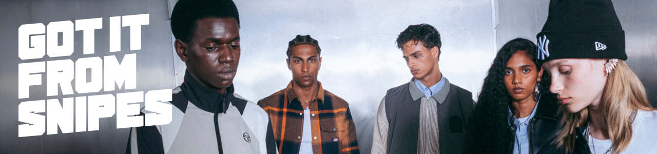 Models wearing autumn streetwear clothing, while standing in a silver futuristic setting. Text on the image says "Got it from snipes"