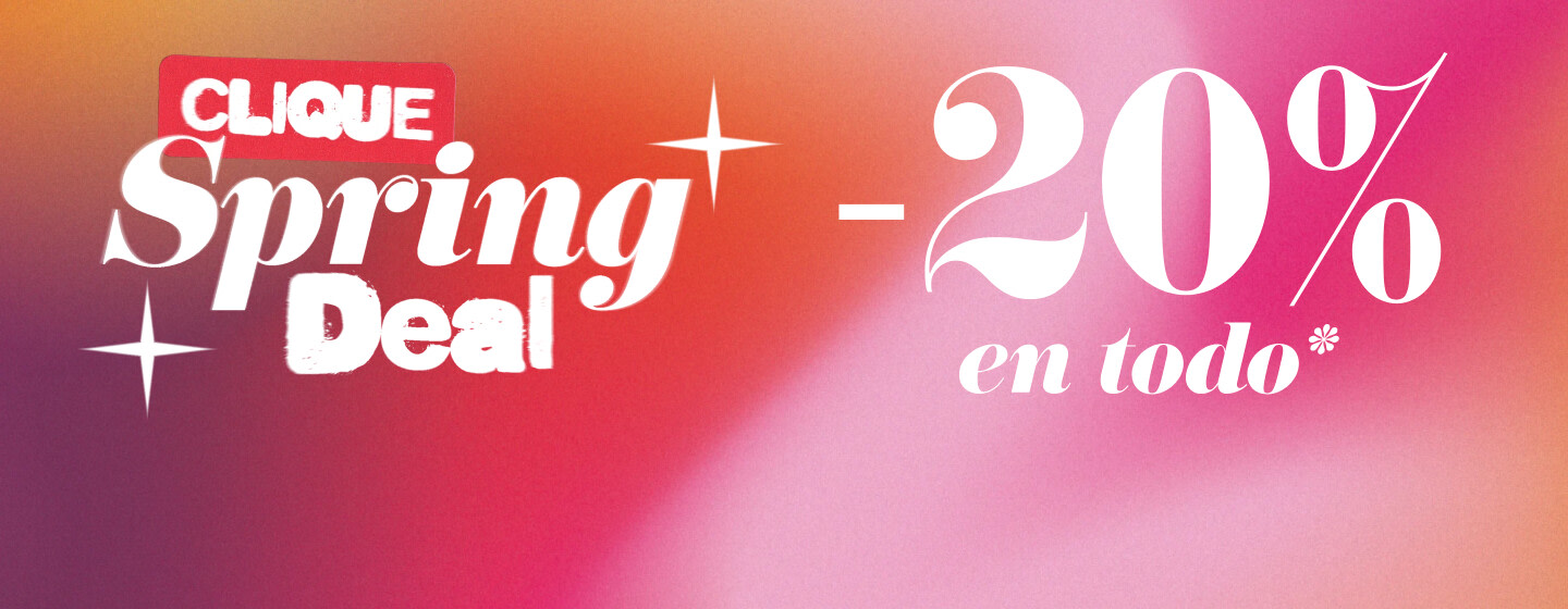 A promotional banner for the "Clique Spring Deal" featuring a pink and orange gradient background. Large, stylized white text reads "Spring Deal" next to a bold "-20% off everything" offer. The design includes decorative white sparkles and a small red "Clique" logo in the top left corner.