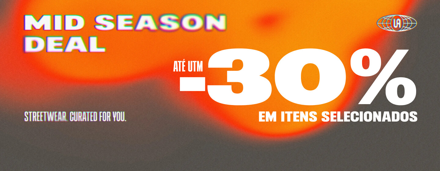 A promotional graphic for a "Mid Season Deal" featuring a large white "-30%" discount over a vibrant, blurry orange abstract shape on a dark background, with the phrase "Up to -30% on selected items" prominently displayed alongside a glitch-effect title and a small globe logo.