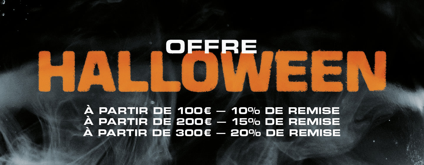 Graphic with a 'Halloween Deal' promotion offering tiered discounts: 10% off for purchases over 100€, 15% off for purchases over 200€, and 20% off for purchases over 300€.