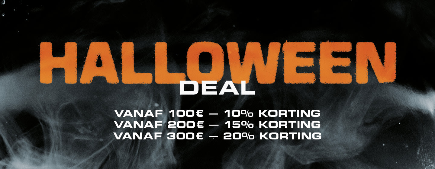 Graphic with a 'Halloween Deal' promotion offering tiered discounts: 10% off for purchases over 100€, 15% off for purchases over 200€, and 20% off for purchases over 300€.