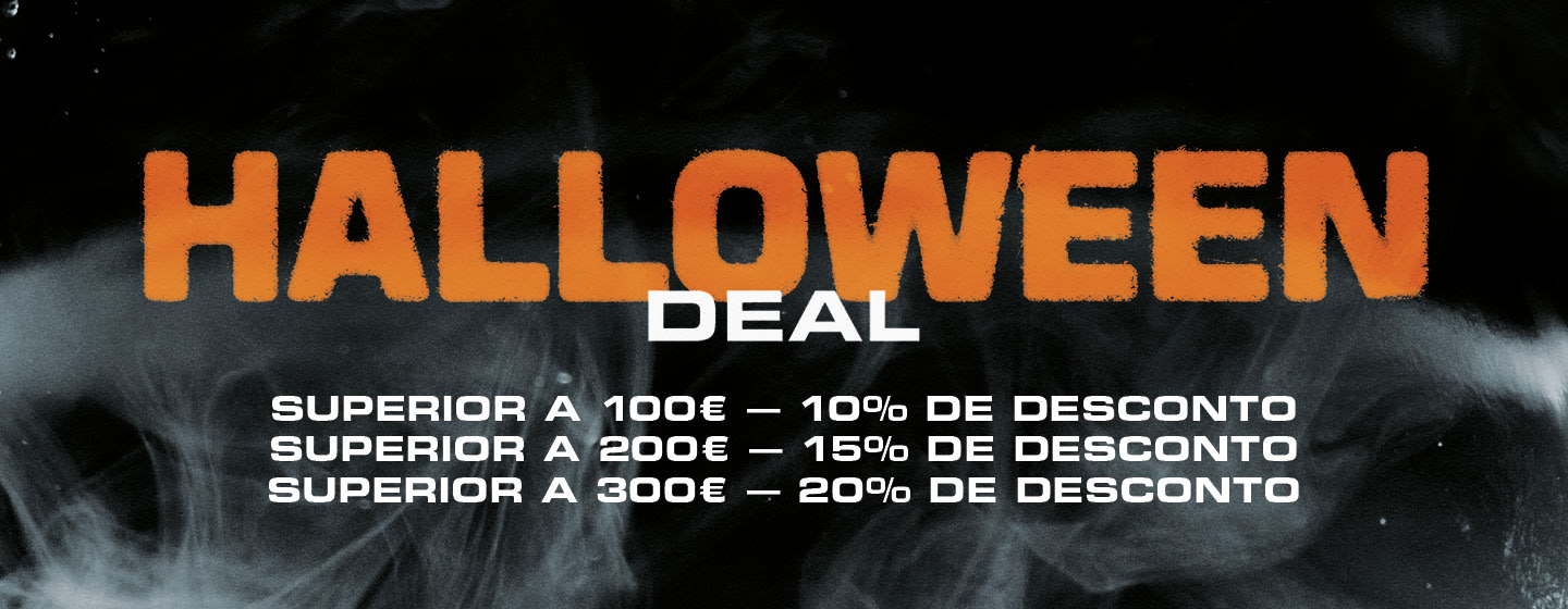 Graphic with a 'Halloween Deal' promotion offering tiered discounts: 10% off for purchases over 100€, 15% off for purchases over 200€, and 20% off for purchases over 300€.