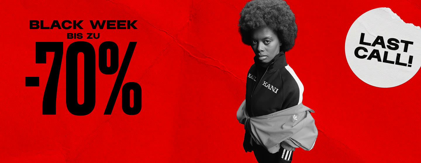 black & white image of model wearing streetwear clothing standing in front of red back ground with text: Black week up to -70%, last call