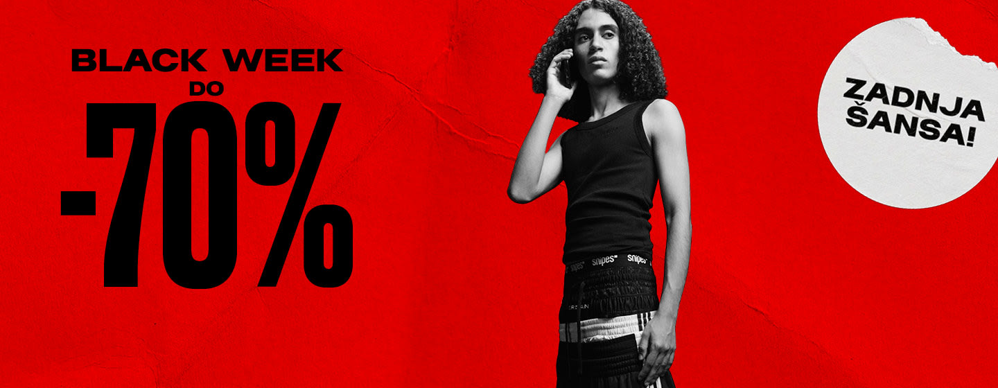 black & white image of model wearing streetwear clothing standing in front of red back ground with text: Black week up to -70%, last call