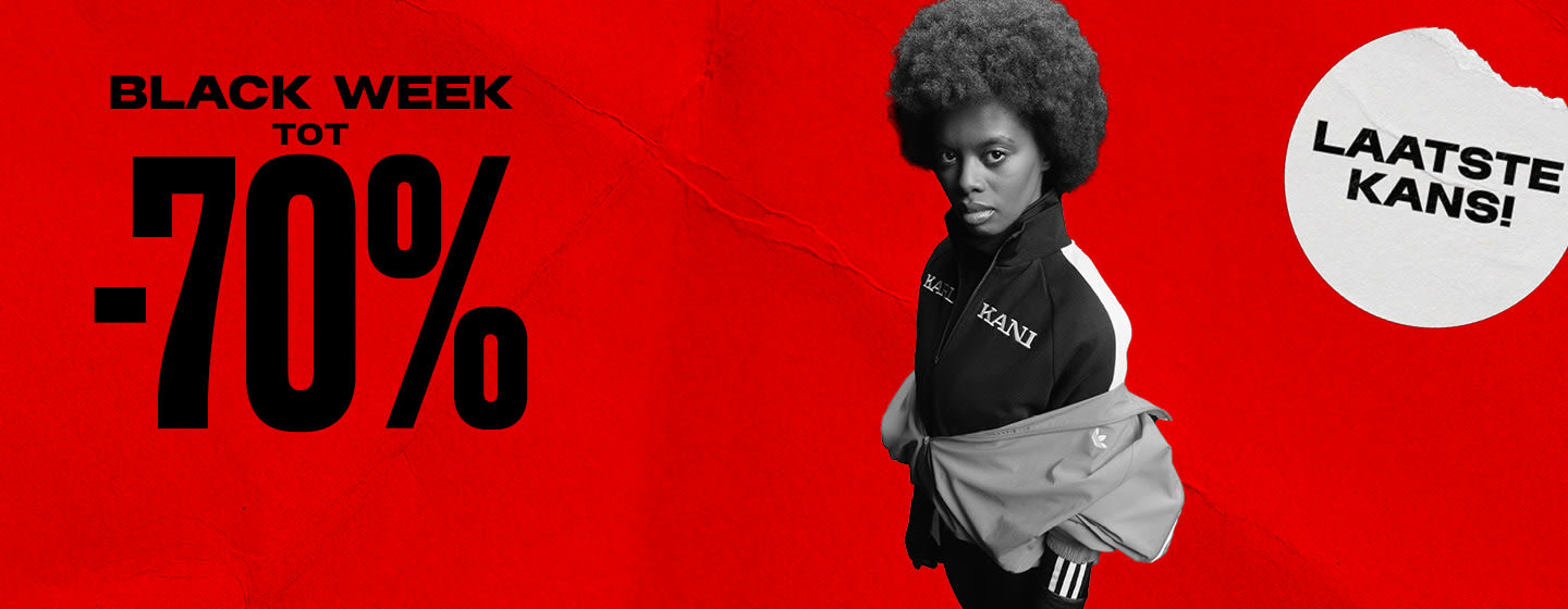 black & white image of model wearing streetwear clothing standing in front of red back ground with text: Black week up to -70%, last call